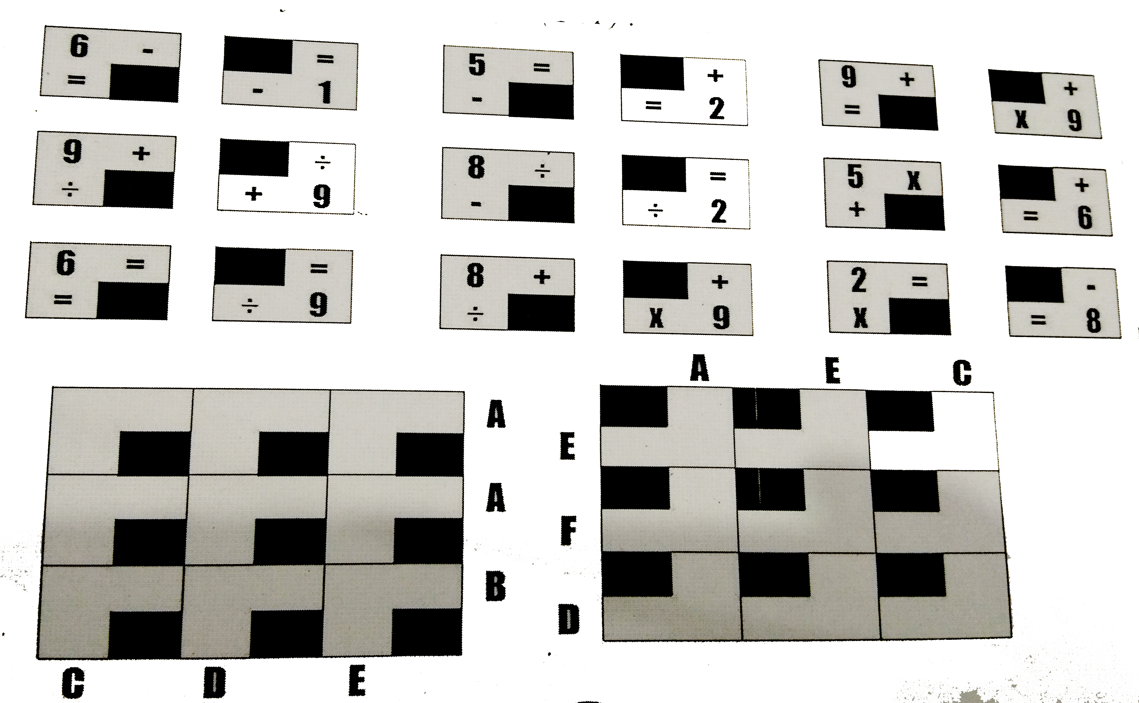 Now with Hagrid’s task out of the way, Harry now faces Mad Eye Moody. Moody has prepared a special mechanical puzzle for Harry.    There are 9 cubes, whose front and back sides are shown in the image below. The image on the left is the front, and right next to it is the back. The task is to arrange them in a 3x3 grid. The following conditions need to be followed:   •  Each letter from A to F need to be replaced with a unique number from 1-9. No two alphabets can be replaced with the same value. Once a number is assigned to an alpha- bet, the alphabet is always replaced by the same number. For example, if A is assigned the value 1, wherever there is a A, it will take the value of 1.   •  The Black region should be aligned with the Black region on the grid. When arranged, each equation reading from left to right, and each equation read up to down, should be correct.   •  When the entire arrangement is turned upside down, and placed on the 2nd grid, simi- larly, all equations should be correct.    All calculations are performed in order from left to right, or top to bottom, and each individual calculation results in a positive integer value (no negative numbers, zeros, or fractions ever need to be used). What is the value of (A xx B) + (C xx D) + (E xx F) ?