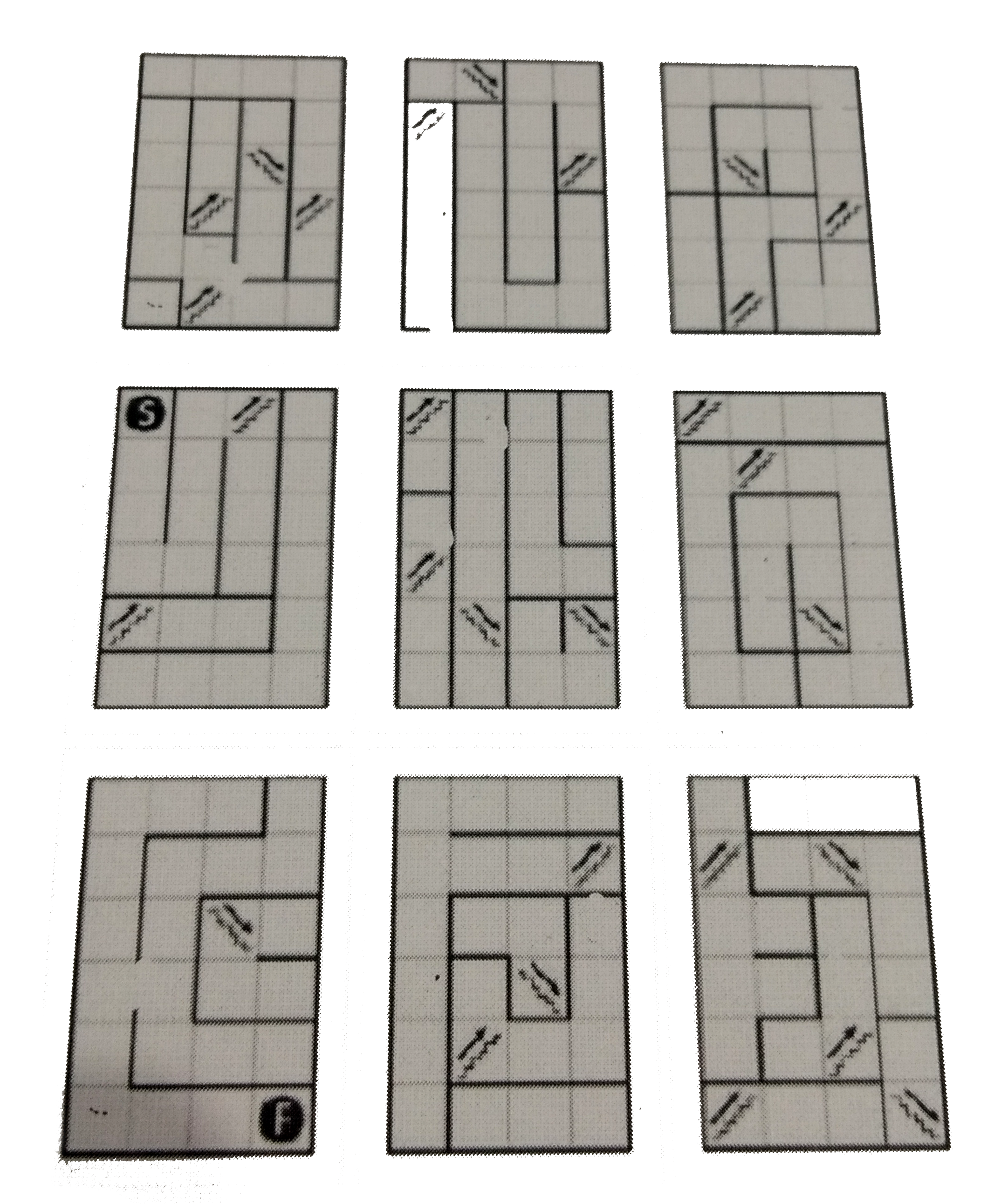 As he is wondering how to get inside, he sees Officer Jenny patrolling the area. He explains the situation to her. Officer Jenny says she has the floor plans for the HQ, but does not know how they fit together. She hands him the floor plans for the 9 floors (shown below). When arranged correctly, it will contain a path from the Start(S) on the bottom floor, to the Finish (F) on the top floor that goes through every up and down stairway. Everytime you hit an Up stairway, you must go to the square with the same coordinate in the floor directly above you. Similarly everytime you hit an Down stairway, you must go to the square with the same coordinates in the florr directly below you. You can’t cross heavy black walls or retrace any part of your path. The cards are given the values 1-9 horizon- tally. In the final arrangement,  let the card corresponding to i^(th) floor be called ci. Then, the value of [(c1*c9)+(c2*c8)+(c3*c7)+(c4*c6)+c5] is?