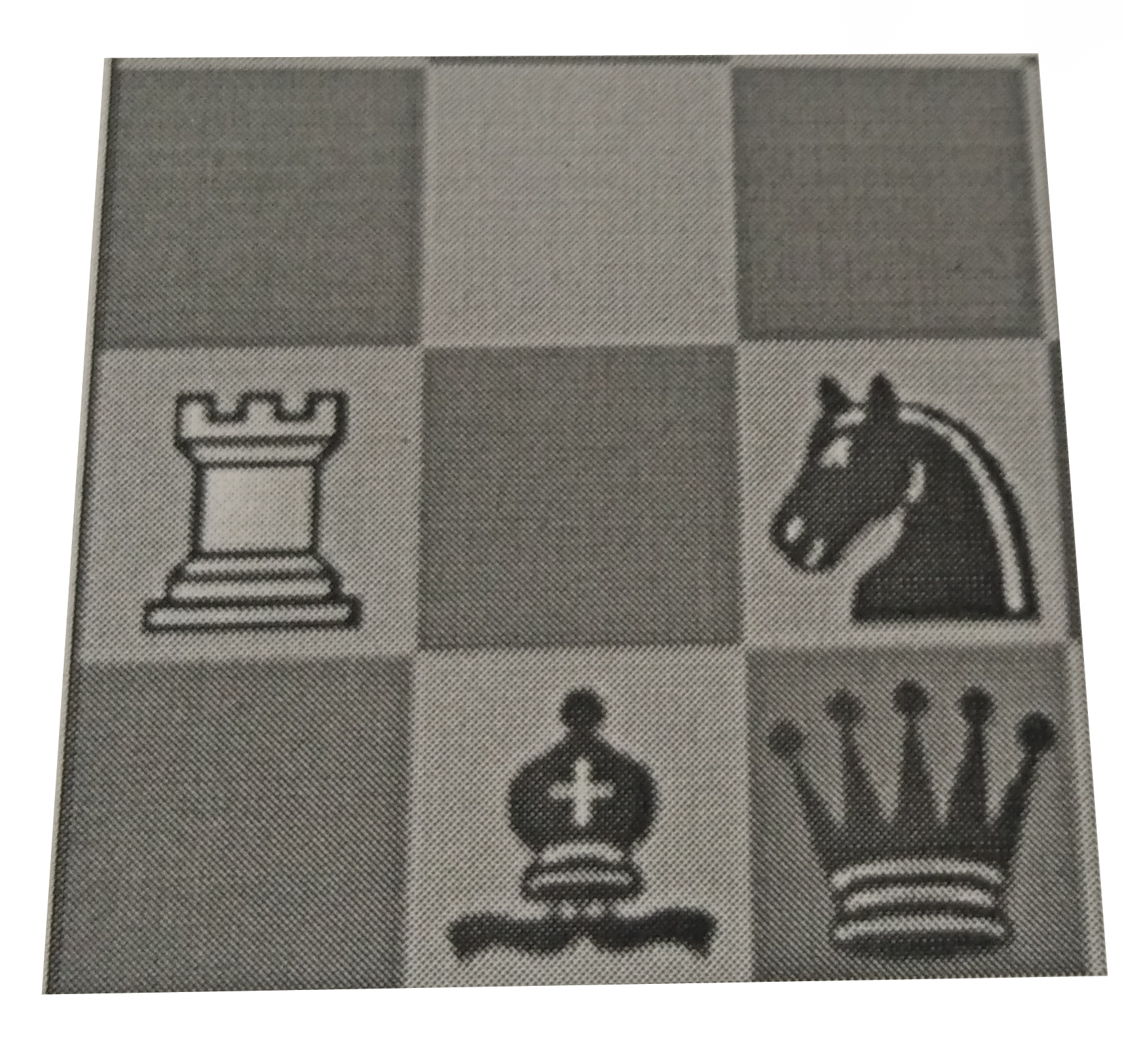 Max is given a 3 xx 3 chessboard. Max is asked to place 2 black rooks, 2 white knights and 1 white bishop on this board in such a way that: a. each piece threatens one or more pieces of the opponent b. each piece is protected by another piece of its own colour c. each piece (except the black queen is under attack by some opponent piece   Let the pieces be assigned numbers as follows: Queen=9, Knight=3, Bishop=3, Rook=5 on black squares and respective negative values on white squares. Find out the ‘sum’ of all pieces in the arranged position.