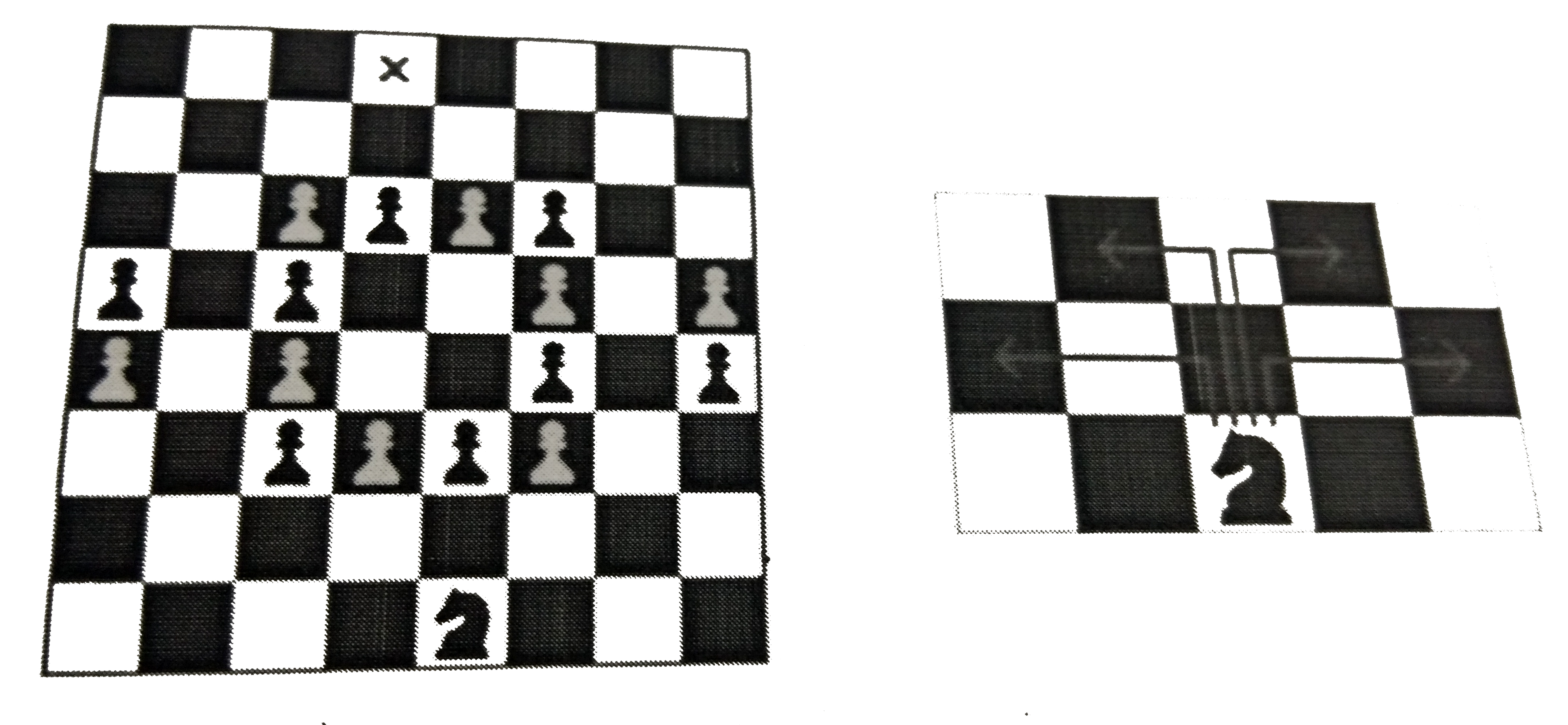 Now, Max is given another chessboard as shown in figure 1. There is only one knight, and there are several pawns. The set of moves a knight can make is shown in figure 2. The knight can jump over a pawn, but cannot land on a square that has a pawn in it. The pawns can not move. Mr. Giovanni asks Max for the least number of steps required to reach the position marked with an X. What is the answer?    Max manages to answer both questions successfully. Thoroughly impressed, Mr. Giovanni sticks to his word. Now armed with 5 extremely powerful Pokémon, Max sets out on his journey to conquer all the Pokémon Gyms and earn his trip to Victory Road