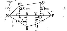 Find the area of polygon MNOPQR if MP =9 cm, MD =7 cm, MC=6 cm, MB=4 cm, MA =2 cm.NA, OD, QC and RB are perpendiculars to diagonal MP.