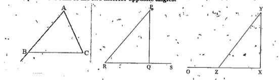 Copy each of the following triangles. In each case verify that an exterior angle of a triangle is equal to the sum of the two interior opposite angles: