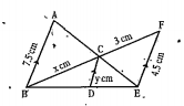 In the given figure, AB|\|CD|\|EF given that AB=7.5 cm, DC=y cm, EF=4.5 cm, BC=x cm. Find the values of x and y.