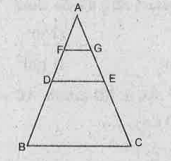 Delta ABC లో BC=8 సెంమీ మరియు D,E లు AB మరియు AC ల మధ్య బిందువులు , AF= 1/2 AD, AG= 1/2 AE అయిన FG=
