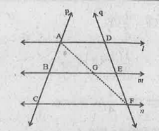 l,m మరియు n అనే 3 సమాంతర రేఖలను p మరియు q అనే రెండు తిర్యగ్రేఖలు A,B,C మరియు D,E,F ల వద్ద ఖండించాయి. తిర్యగ్రేఖ p, ఈ సమాంతర రేఖలను రెండు సమాన అంతరఖండలు AB,BC లుగా విభజిస్తే q తిర్యగ్రేఖ కూడా సమాన అంతరఖండలు DE మరియు EF లుగా విభజయిస్తుందని చూపండి .