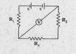 వలయాన్ని పటంలో గమనించండి. R1=R2=R3=200Omega
వోల్టుమీటరు రీడింగు = 100V,
 అయితే బ్యాటరీ విద్యుచ్భాలక బలం 'E' ను కనుగొనండి.