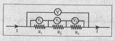 పై పటాన్ని గమనించి సమాధానములు వ్రాయండి. 
R1=2Omega R2=3Omega R3=4Omega అయితే ఫలిత తుల్య నిరోధం ఎంతో కనుగొనండి.