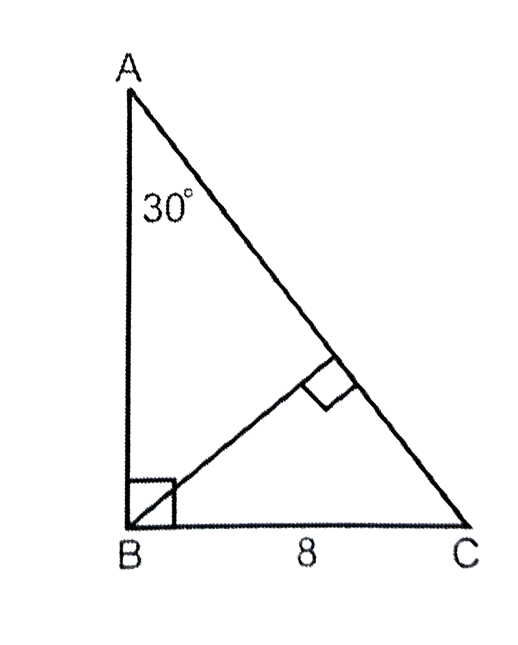 In the figure shown, ABC is a triangle, right angled at B. Through B, a line is drawn perpendicular to AC which meets AC in D. What is the length of BD?