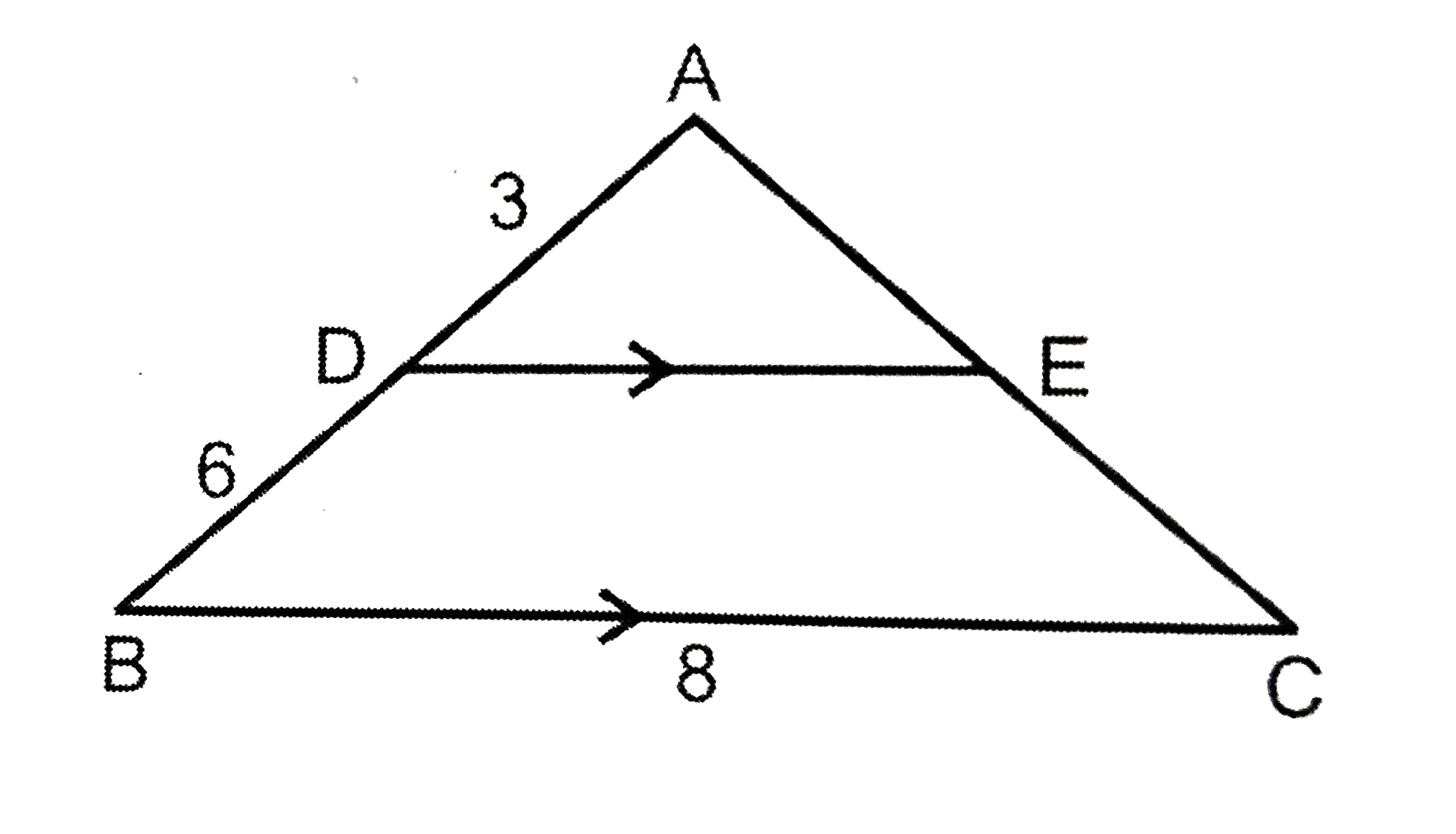 In the DeltaABC,DE||BC, AD=3, BD=6, and BC=8. What is the ratio of the areas of triangle ADE and trapezium BDEC?