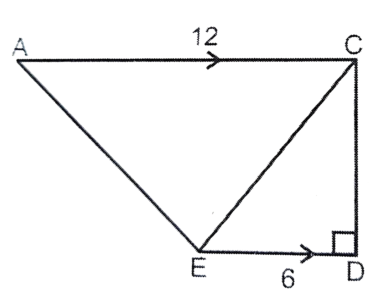 In the figure shown, area of triangle ACE is 48. If  AC is parallel to DE, what is the length CE?