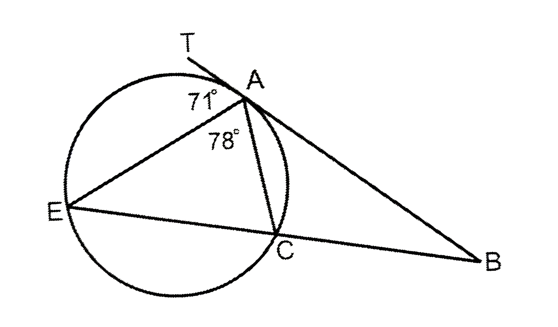 In the figure above, the line TAB is tangent to the given circle. If /EAC=78^(@) and /TAE=71^(@), what is the measure, in degrees, of /ABC ?