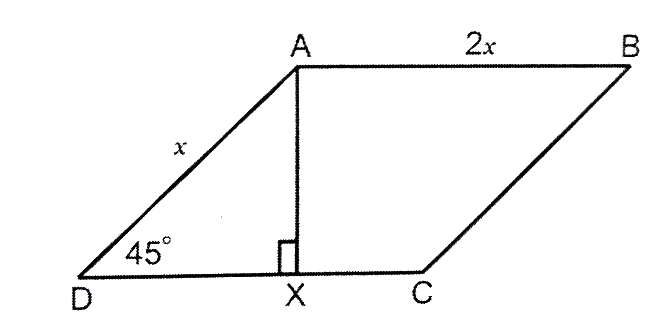 In a parallelogram, the ratio of the two adjacent sides is 1 : 2. If the area of the parallelogram is 20 square units and the angle beween the two sides is 45^(@), what is the area, to the nearest integer, of the rectangle having the sides equal to that of the  parallelogram?