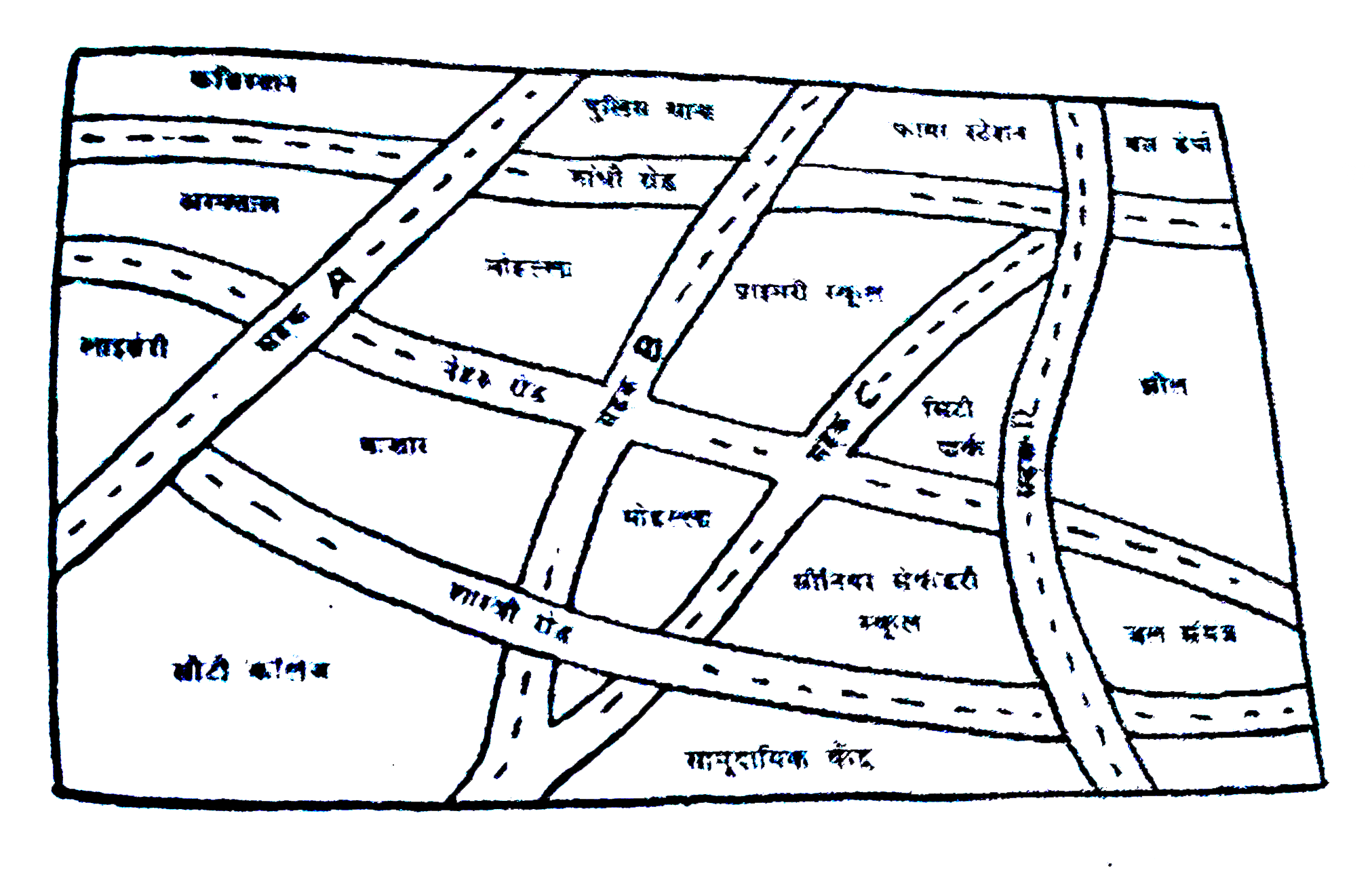 एक नगर के दिए हुए मानचित्र को देखिए। निम्नलिखित प्रश्नों के उत्तर दीजिए :    (a)  इस मानचित्र में इस प्रकार रंग भरिए : नीला - जल, लाल - फायर-स्टेशन: नारंगी - लाइब्रेरी, पीला - स्कूल, हरा - पार्क, गुलाबी - कॉलेज, बैंगनी - अस्पताल,  भूरा - कब्रिस्तान।    (b)  सड़क C और नेहरू रोड के प्रतिच्छेदन पर एक हरा 'X ' तथा गांधी रोड और सड़क A के प्रतिच्छेदन पर एक हरा 'Y ' खींचिए ।    (c ) लाइब्रेरी से बस डिपो तक एक छोटा सड़क मार्ग लाल रंग से खींचिए।   (d) कौन अधिक पूर्व  में है - सिटी पार्क या बाजार ?   (e ) कौन अधिक दक्षिण में है? - प्राइमरी स्कूल या सीनियर सैकेंडरी स्कूल?