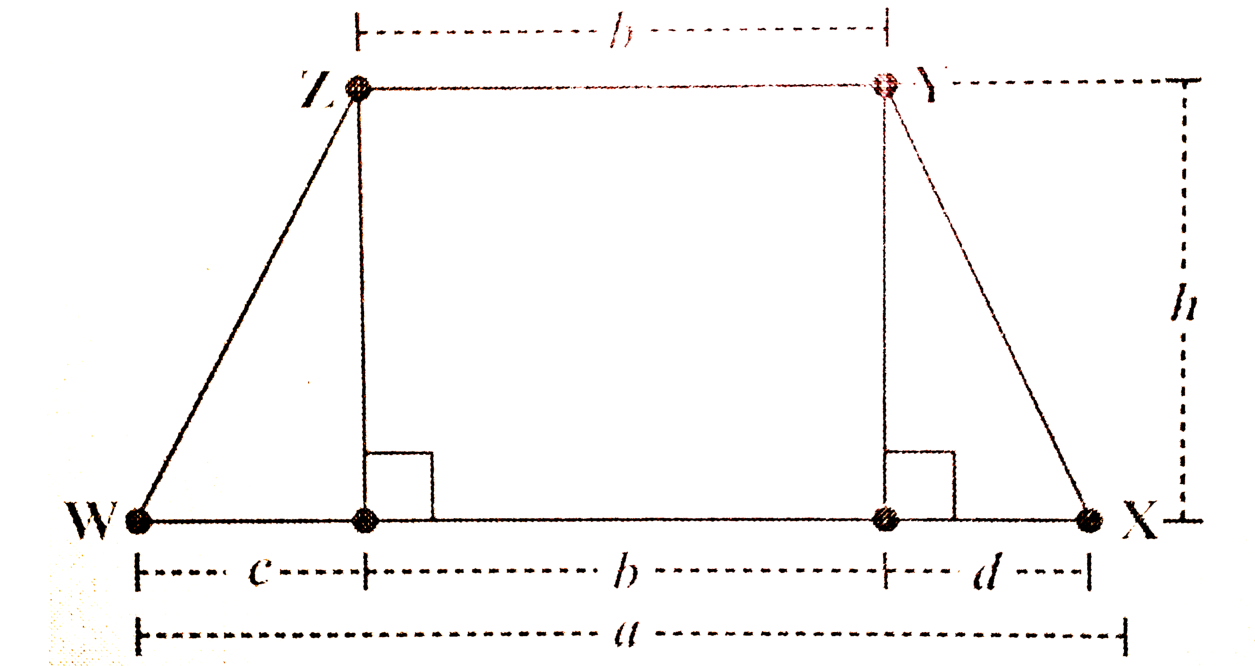 नजमा की बहन के पास भी एक समलंब के आकार का प्लॉट है जैसा कि आकृति 11.4 में दर्शाया गया है  इसे तीन भागो में  बाँटिए | दर्शाइए कि समलंब WXYZ का क्षेत्रफल =h((a+b))/(2)
