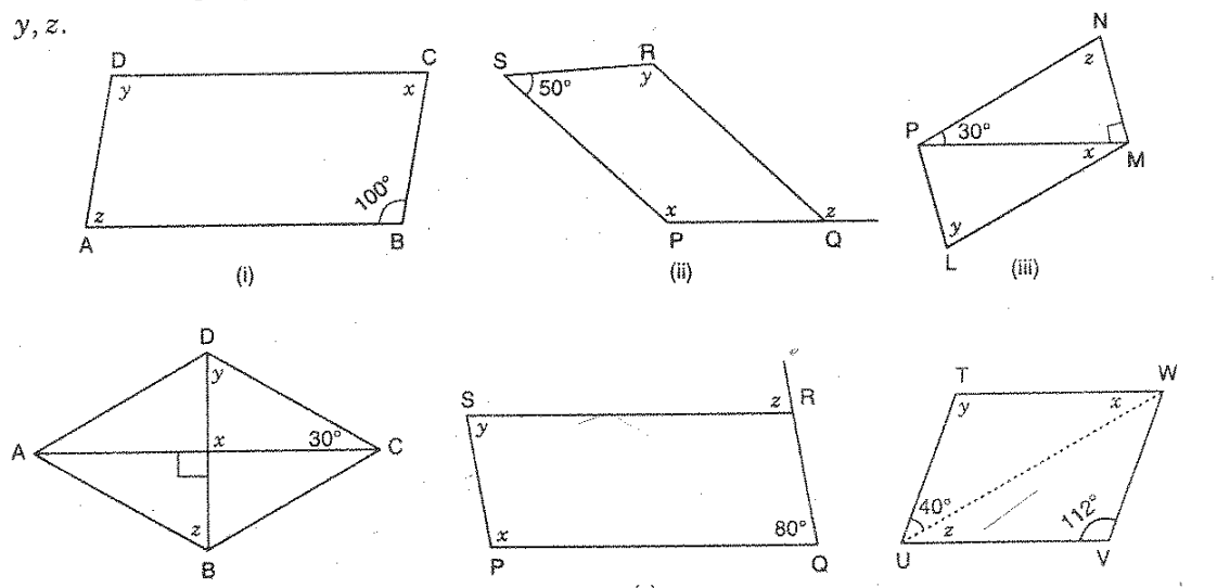 The following figures are parallelograms. Find
  the degree values of the unknowns x ,\ y ,\ z