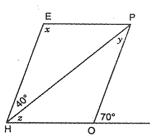 In the adjacent figure H O P E
is a parallelogram. Find the angle measures x ,\ y\ a n d\ Zdot
State the geometrical truths you use to find
  them.