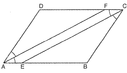 In Figure, A B C D
is a parallelogram, C E
besects /C\ a n d\ A F
bisects /Adot
In each of the following, if the statement is
  true, give a reason for the same:
/A=/C

  (ii) /F A B=1/2/A

/D C E=1/2/C

  (iv) /C E B=/F A B
 
 c e  A F