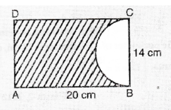 A paper is in the form of a rectangle A B C D
in which A B=20 c m
and B C=14 c mdot
A semi-circular portion with BC as diameter is cut off. Find the area
  of a remaining part.