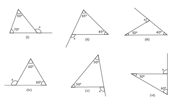 Find the value of the unknown exterior angle x in  the following diagrams: