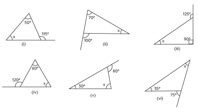 Find the value of the unknown interior angle x in  the following figures:
