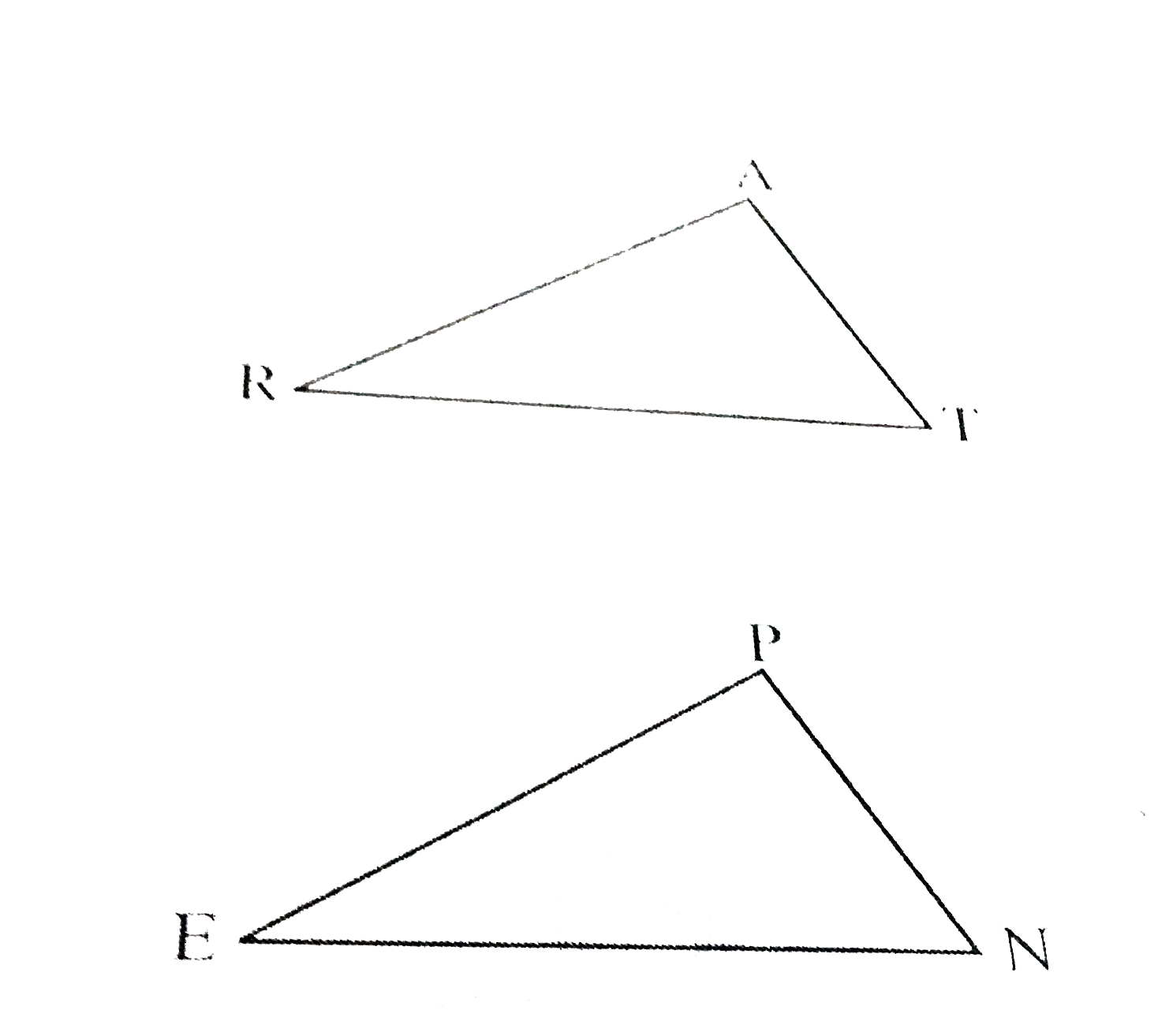 आप DeltaARTapprox DeltaPEN दर्शाना चाहते है,    (a) यदि आप SSS सर्वांगसमता प्रतिबंध का प्रयोग करे तो आपको दर्शाने की आवश्यकता है: (i) AR= (ii) RT= (iii) AT=   (b) यदि यह दिया गया है की angleT=angleN और आपको SAS प्रतिबंध का प्रयोग करना है , तो आपको आवश्यकता होंगी: (i) RT= और  (ii) PN=   (c) यदि यह दिया गया है की AT=PN और आपको ASA प्रतिबंध का प्रयोग करना है तो आपको आवश्यकता होंगी: (i) ?= (ii) ?=