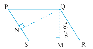 PQRS एक समांतर चतुर्भुज है। QM शीर्ष Q से SR तक की ऊंचाई तथा QN शीर्ष Q से PS तक की ऊंचाई है। यदि SR=12cm  और QM=7.6cm तो ज्ञात कीजिए।   (a) समांतर चतुर्भुज PQRS का क्षेत्रफल (b) QN यदि PS=8cm