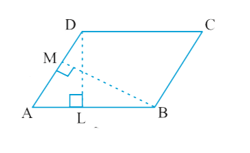 DL  और BM समांतर चतुर्भुज ABCD की क्रमशः भुजाएं AB और AD पर लंब है। यदि समांतर चतुर्भुज का क्षेत्रफल 1470cm^(2) है। AB=35cm और AD=49cm है तो BM तथा DL की लंबाई ज्ञात कीजिए।