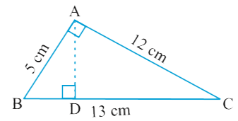 त्रिभुज ABC,A पर समकोण है और AD भुजा BC पर लंब है । यदि AB=5cm, BC=13cm और AC=12cm  है तो DeltaABC का क्षेत्रफल ज्ञात कीजिए । AD की लंबाई भी ज्ञात कीजिए।