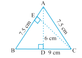 DeltaABC समद्विबाहु त्रिभुज है जिसमें AB=AC=7.5cm और BC=9cm है। A से BC तक की ऊंचाई AD,6 cm है। DeltaABC का क्षेत्रफल ज्ञात कीजिए। C से AB तक की ऊंचाई अर्थात CE क्या होगी?