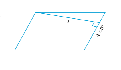 यदि एक समांतर चतुर्भुज का क्षेत्रफल 24cm^(2) और आधार 4 cm हो तो ऊंचाई x ज्ञात कीजिए।