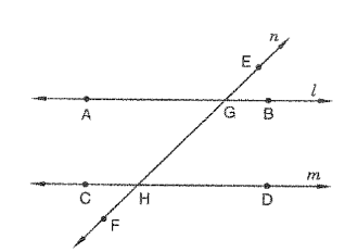 In Figure, line n is a transversal to line l and m. Identify the following: 
i) Alternate and corresponding angles in Figure