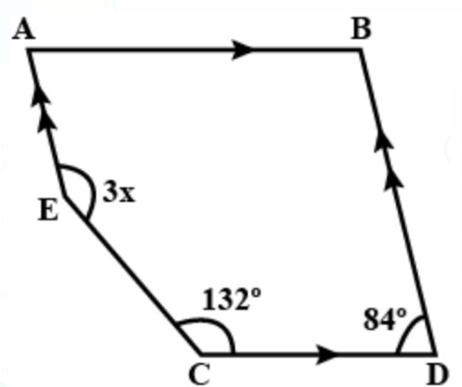 In Fig.72,   if A B || C D and  A E || B D , 
then the value of x
  
is
(a) 38 (b) 48
(b) 58 (d) 68
