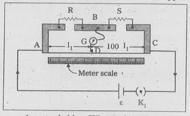 In a meter bridge the balance point is found to be at 39.5 cm from the end A, when the resistor Y is of 12.5 Omega. Determine the resistance of x. why are the connections between resistors in a wheat stone or meter bridge made of thick copper strips?   Determine the balance point of the bridge above if X and Y are interchanged.
