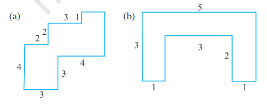 By splitting the following figures into rectangles, find their areas(The measures are given in centimetres).