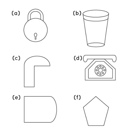 Identify the shapes given below. Check whether they are symmetric or  not. Draw the line of symmetry as well.
