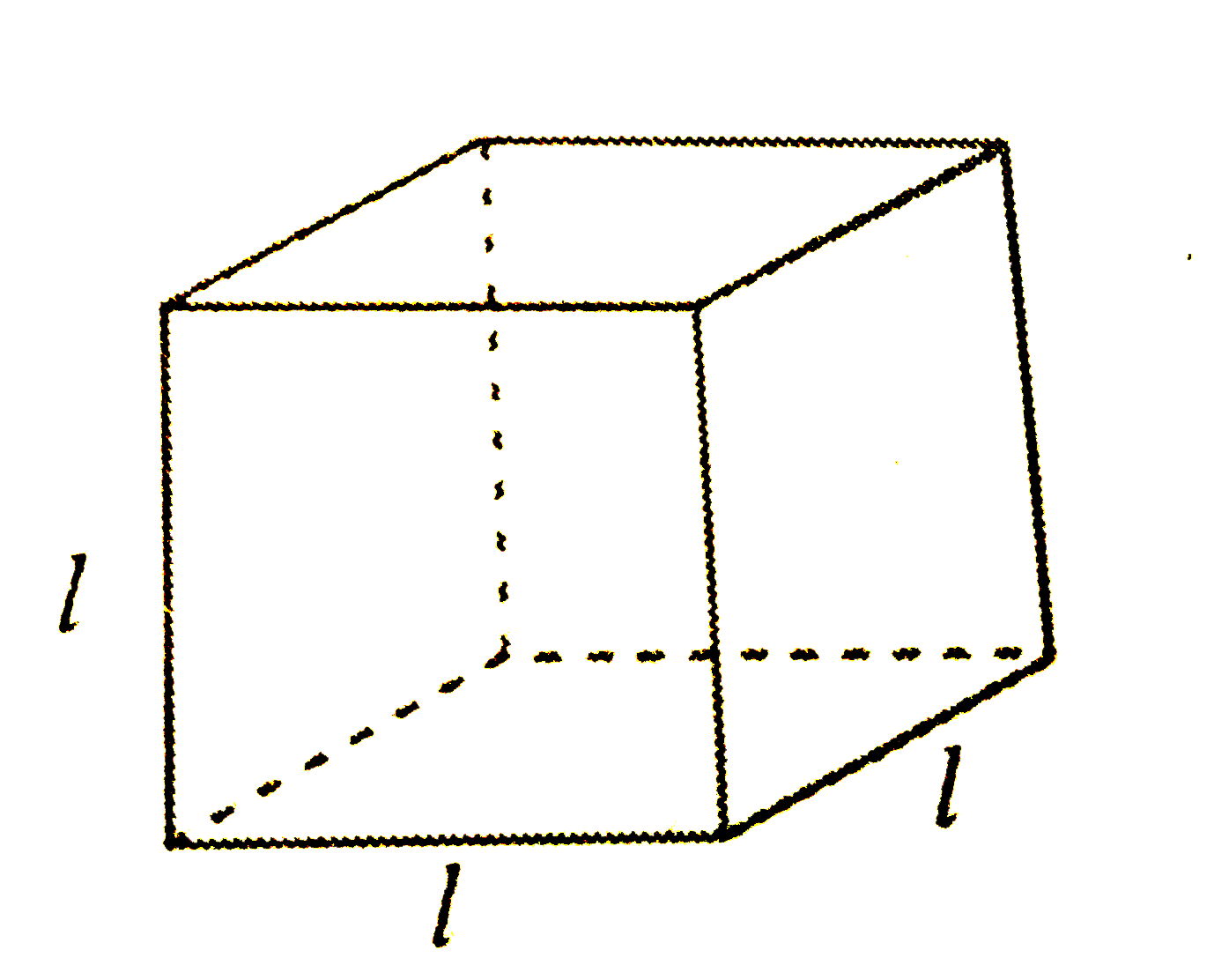 घन एक त्रिविमीय आकृति होती हे, जैसा की आकृति में दिखाया गया है। इसके 6 फलक होते है और ये सभी सर्वसम वर्ग होते है। घन के एक  घन के एक किनारे की लम्बाई l से दी जाती हैं। घन के किनारों की कुल लम्बाई के लिए एक सूत्र ज्ञात कीजिए।