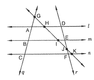 Form Fig., write  
(i)all pairs of parallel lines. 
(ii)all pairs of intersection lines.
(iii)lines whose point of intersection is l
.
(iv) lines whose point of intersection is D
.
(v) lines whose point of intersection is E
.
(vi)  lines whose point of intersection is A
.
