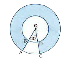 In Fig. 12.69, find the area of the shaded region, enclosed between two concentric circles of rade 7 cm and 14 cm where angleAOC=40^(@) (