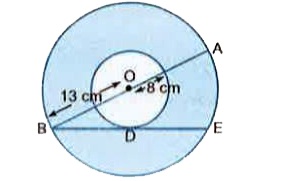 In Fig., the radii of two concentric circles are 13 cm and 8 cm. AB is diameter of the bigger circle. BD is the tangent to the smaller circle touching it at D. Find the length of AD.