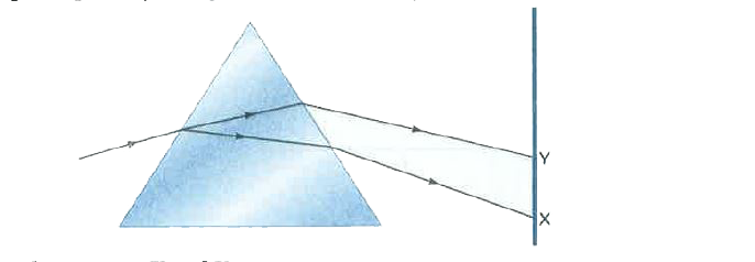 In the given figure, a narrow beam of white light is shown to pass through a triangular glass prism. After passing through the prism it produces a spectrum XY on a screen.      (a) State the colour seen at X and Y.   (b) Why do different colours of white light bend through different angles with respect to the incident beam of light?