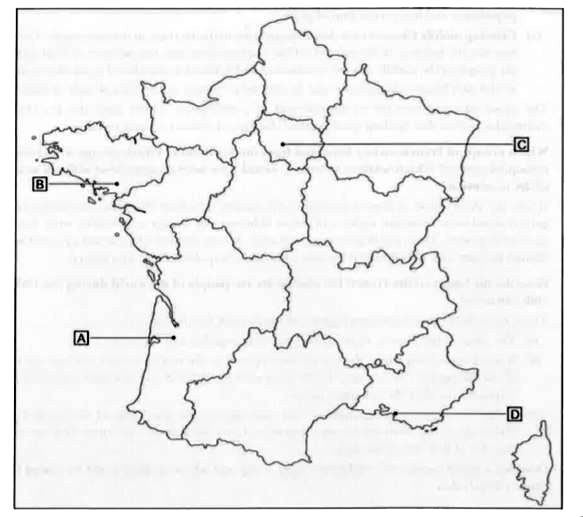 Four places A, B, C and D are marked on the outline political map of France. Identify any three of these places with the help of the following information.      (i) Many influential deputies made their places to National and Legislative assemblies.   (ii) Mass execution during the Reign of terror.   (iii) Capital of France   (iv) Focal point of the French Revolution