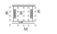 A metal rod of mass 10 gm and length 25cm is suspended on two springs as shown in the figure. The springs are extended by 4cm. When a 20 ampere current passes through the rod it rises by 1cm. The magnetic field is