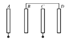 Four identical conducting plates with plate area A and separation between plates d are arranged as shown. Plates A and C are connected to terminals of a battery with EMF E with positive terminal connected to plate C. What will be the final charge on plate B?