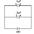 Two  capacitros are fully charged by a battery as shown in the figure.      If the capacitors are disconnected from battery and plate 1 is connected to plate 4 & plate 2 to plate 3, then find the potential difference (in volts) across capacitors finally.