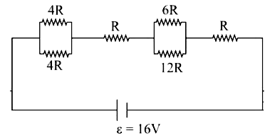The resistive network shown below is connected to a D.C. source of 16V. The power consumed by the network is 4 Watt. The value of R (in Omega)  is .
