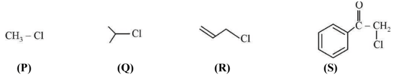 KI in Acetone undergoes  SN2 reaction with each of P, Q, R, S. The decreasing order of rate of  reaction is:      The correct choice is