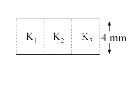 A parallel plate capacitor is of area 6cm^2   and a separation 4 mm.   The gap is filled with three dielectric materials of equal thickness    (see  figure) with dielectric constants K1 = 7 , K2 = 15