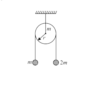 As shown in the figure, two bobs of masses m & 2m are tied by a massless string which is wound on a fly wheel (disc) of radius r and mass m. When released from rest the bob of mass 2m starts falling vertically. When it has covered distance of h, the angular speed of the wheel will  be: