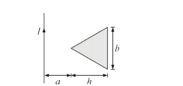 A very long straight conductor and an isosceles triangular conductor lie in a plane and are separated from each other as shown in the figure. If a = 10 cm, b = 20 cm, and h = 10 cm find the coefficient of mutual induction.