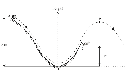 A particle (m = 2 kg) slides down a smooth track AOC starting from rest at point A (height = 5m). After reaching point C (height =1m), the particle continues to move freely in air as a projectile. The particle velocity at point C is at angle 60^(@) with the horizontal. The maximum height attained by particle after leaving point C is (in m). [figure drawn is schematic and hot to scale : take =ms^(-2)]